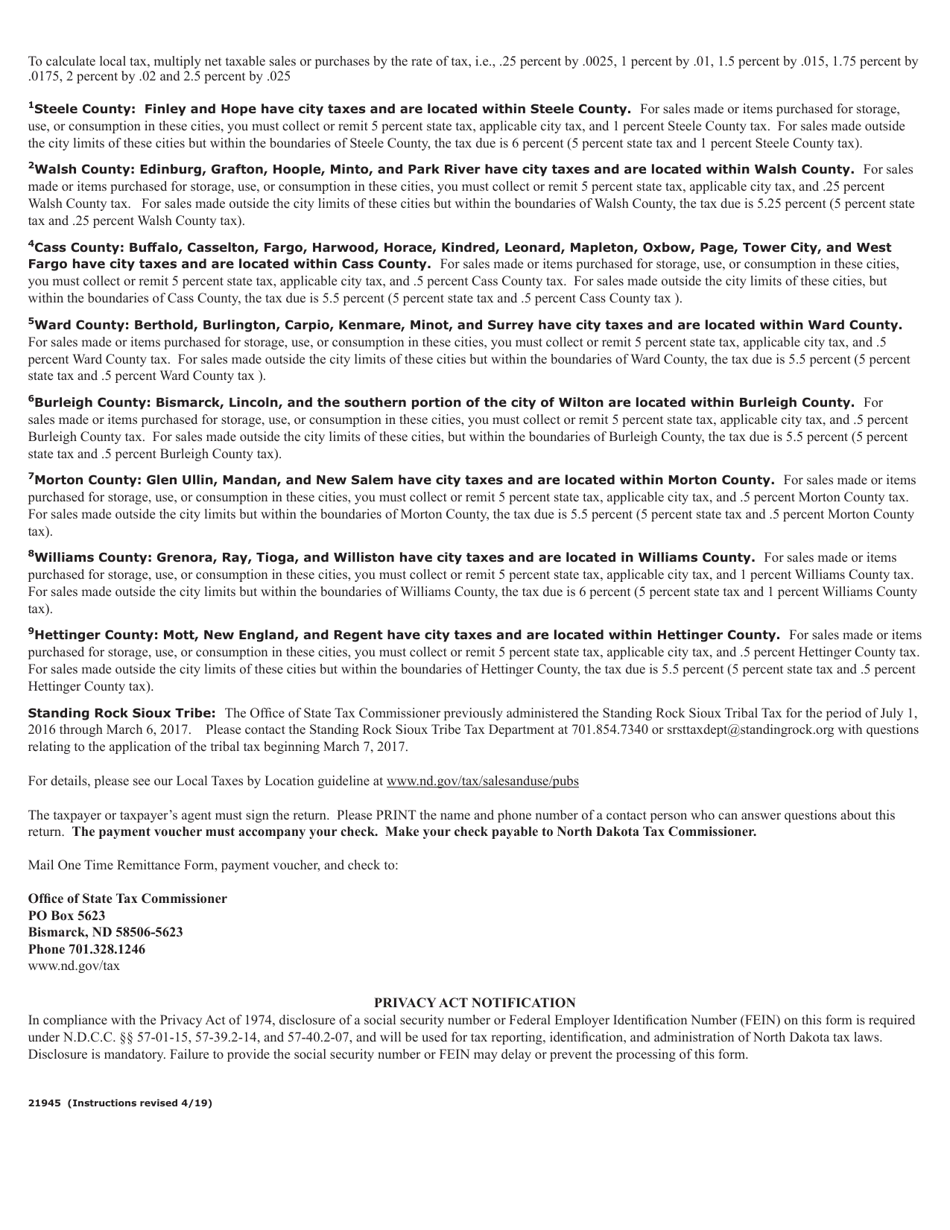 Form 21945 One Time Remittance Form - North Dakota, Page 4