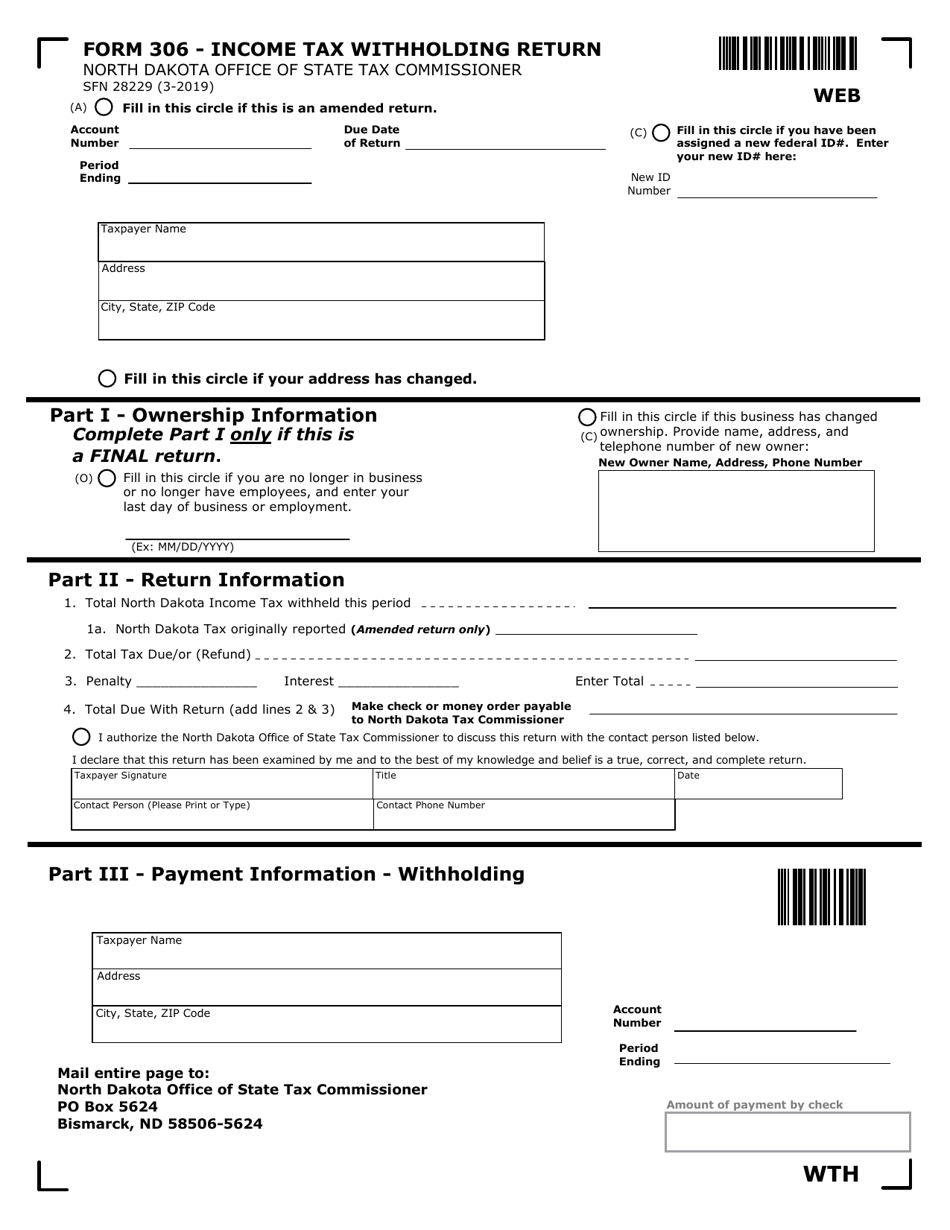 Form 306 (SFN28229) Income Tax Withholding Return - North Dakota, Page 1