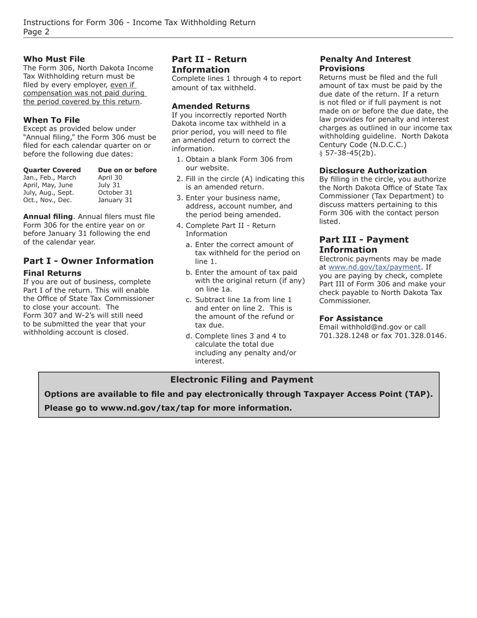 Form 306 (SFN28229) Income Tax Withholding Return - North Dakota, Page 2