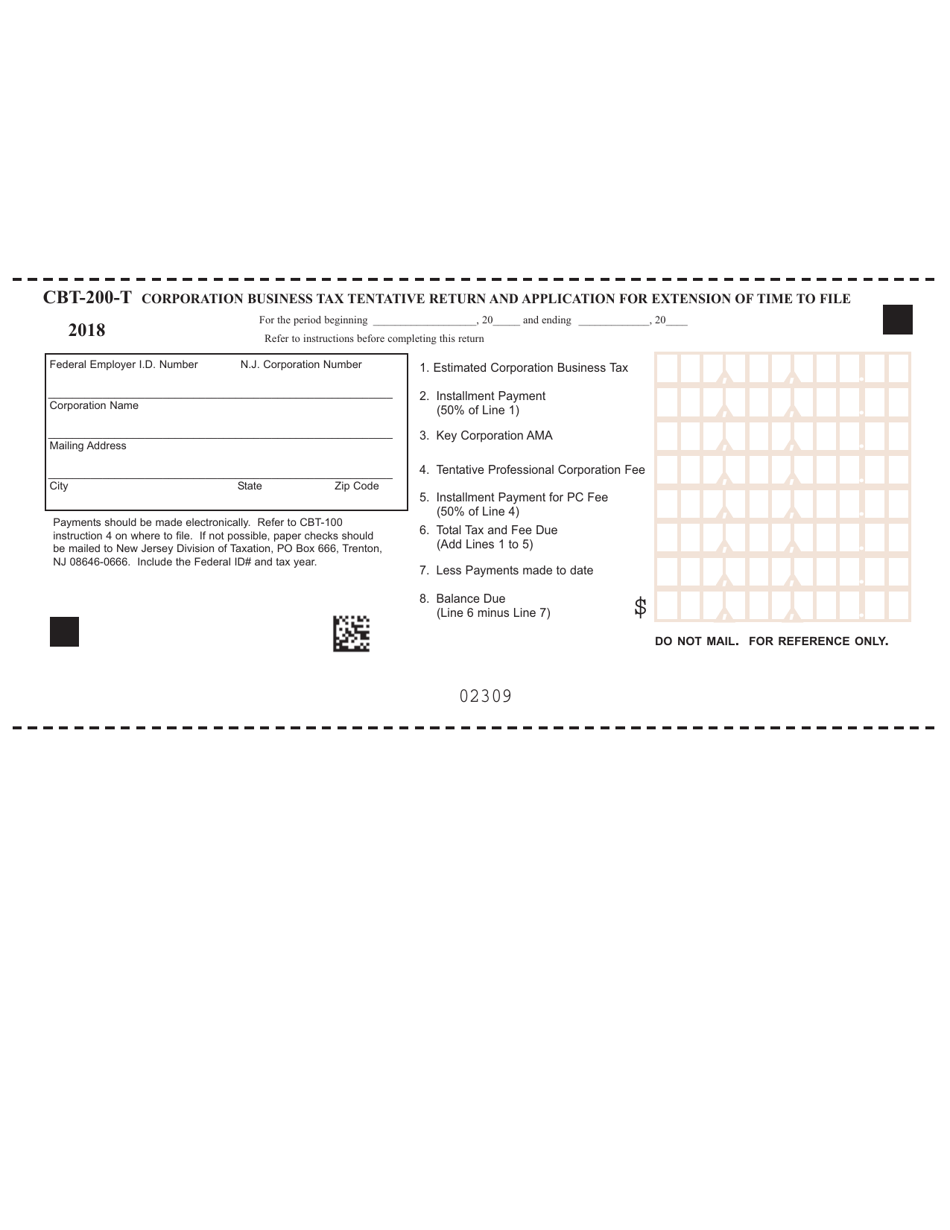 Form CBT-200-T Corporation Business Tax Tentative Return and Application for Extension of Time to File - New Jersey, Page 1