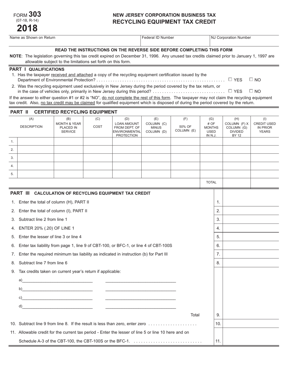Form 303 Recycling Equipment Tax Credit - New Jersey, Page 1
