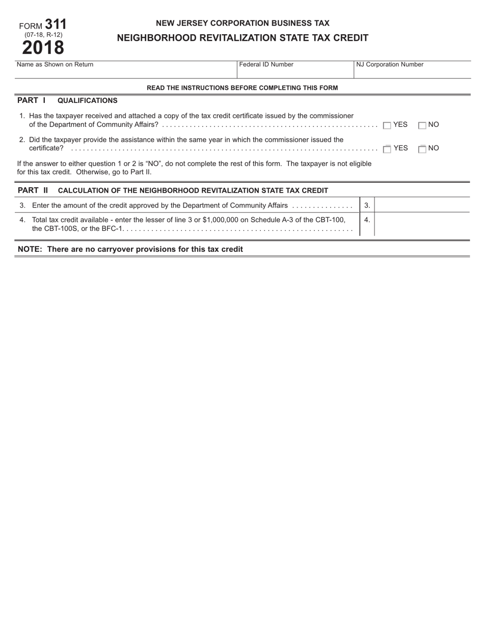 Form 311 Neighborhood Revitalization State Tax Credit - New Jersey, Page 1