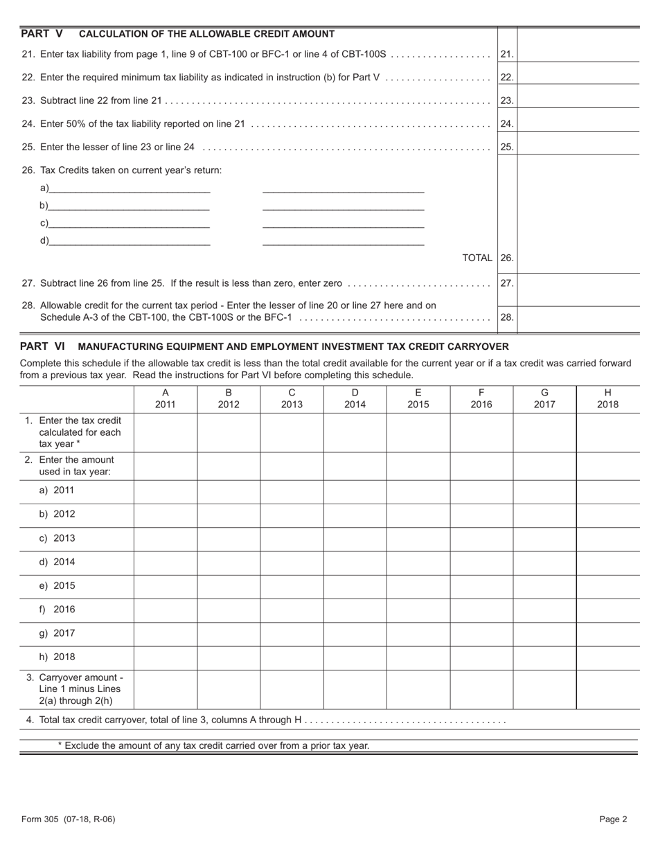 Form 305 Manufacturing Equipment and Employment Investment Tax Credit - New Jersey, Page 2