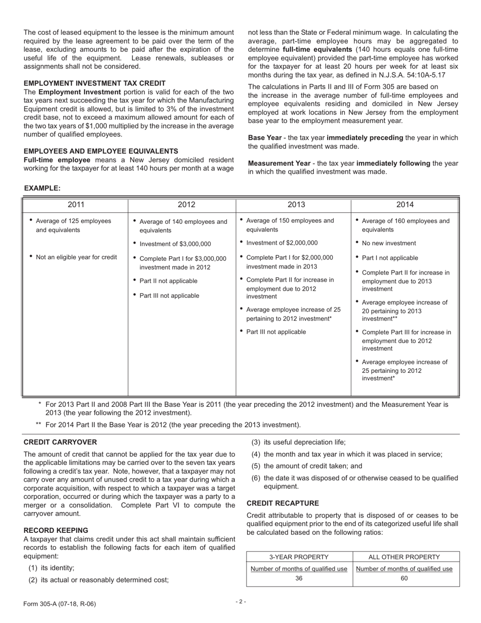 Form 305 Manufacturing Equipment and Employment Investment Tax Credit - New Jersey, Page 4