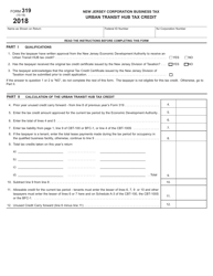 Document preview: Form 319 Corporation Business Tax - Urban Transit Hub Tax Credit - New Jersey