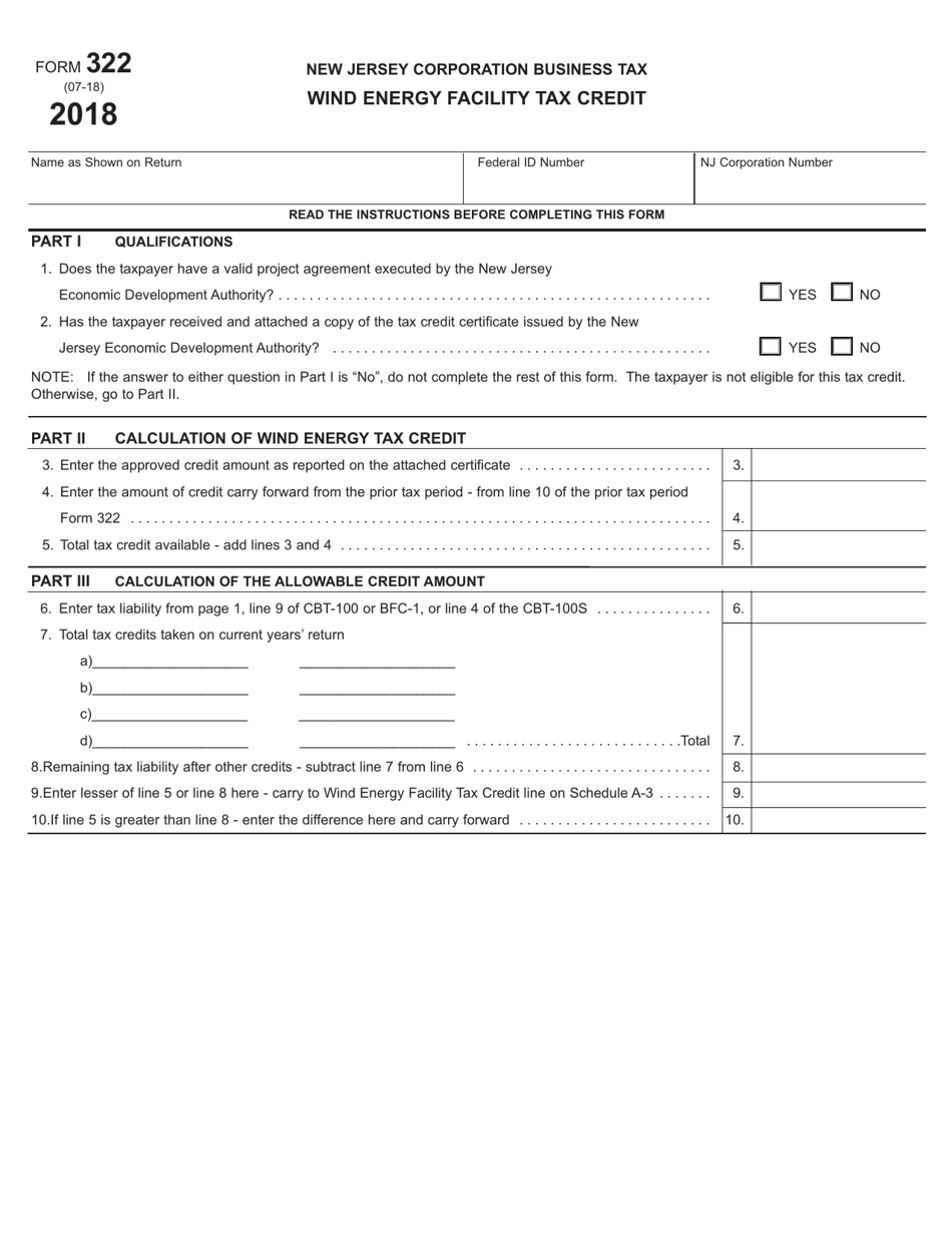 Form 322 Wind Energy Facility Tax Credit - New Jersey, Page 1