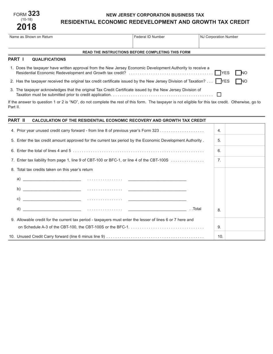 Form 323 Residential Economic Redevelopment and Growth Tax Credit - New Jersey, Page 1