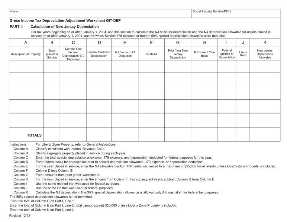 Worksheet Git-DEP - Gross Income Tax Depreciation Adjustment - New Jersey, Page 3