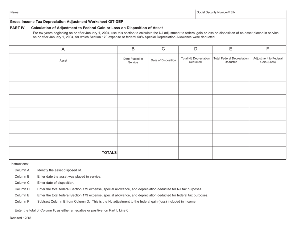 Worksheet Git-DEP - Gross Income Tax Depreciation Adjustment - New Jersey, Page 5