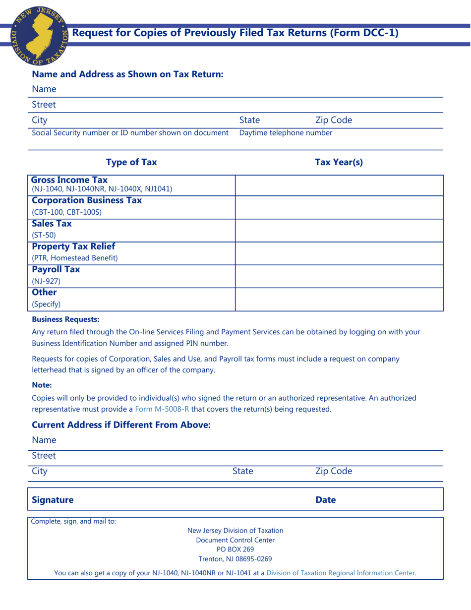 Form DCC-1 Request for Copies of Previously Filed Tax Returns - New Jersey, Page 1