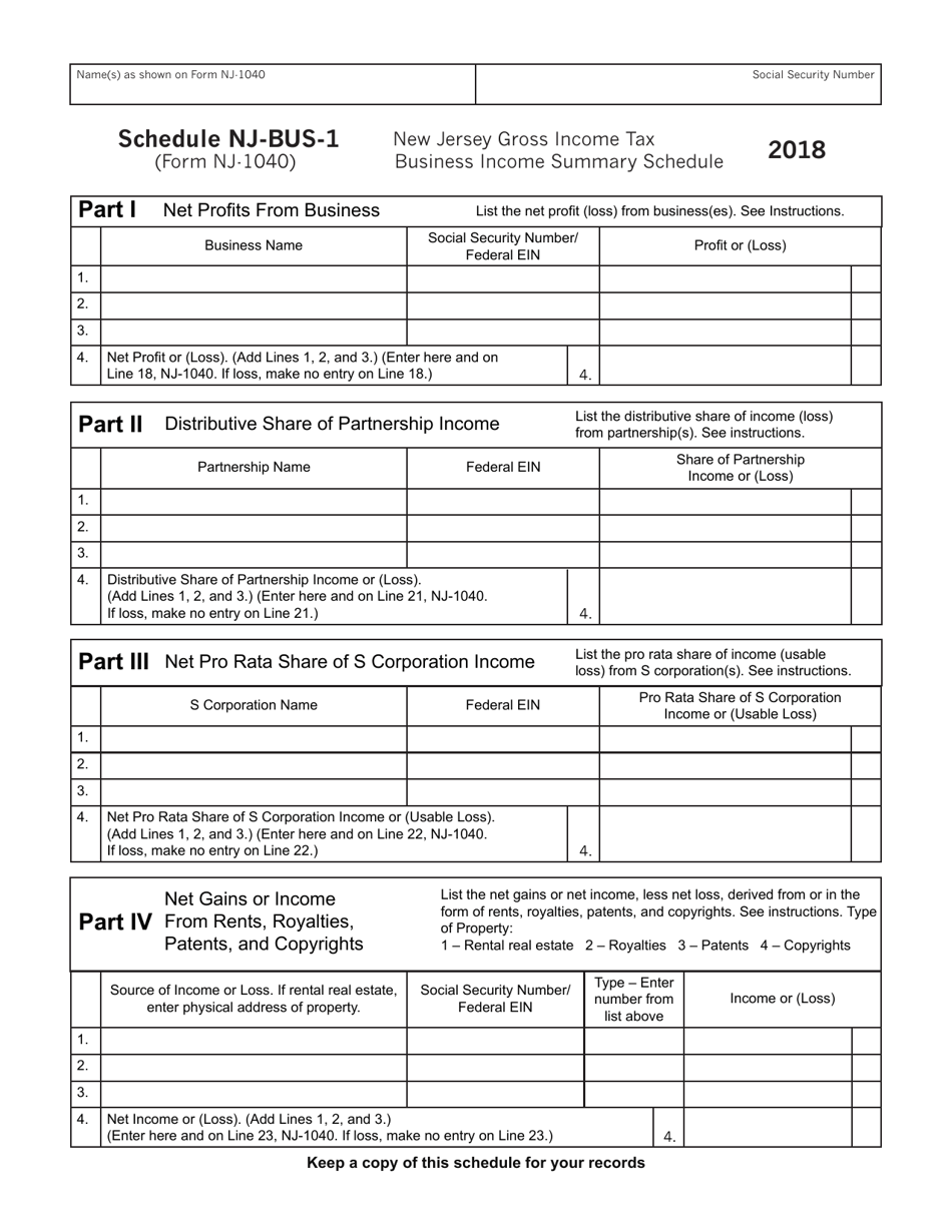 Form NJ-1040 Schedule NJ-BUS-1 New Jersey Gross Income Tax Business Income Summary Schedule - New Jersey, Page 1