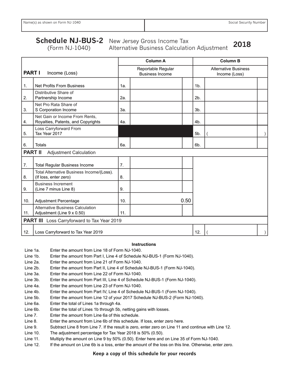 Form NJ-1040 Schedule NJ-BUS-2 New Jersey Gross Income Tax Alternative Business Calculation Adjustment - New Jersey, Page 1