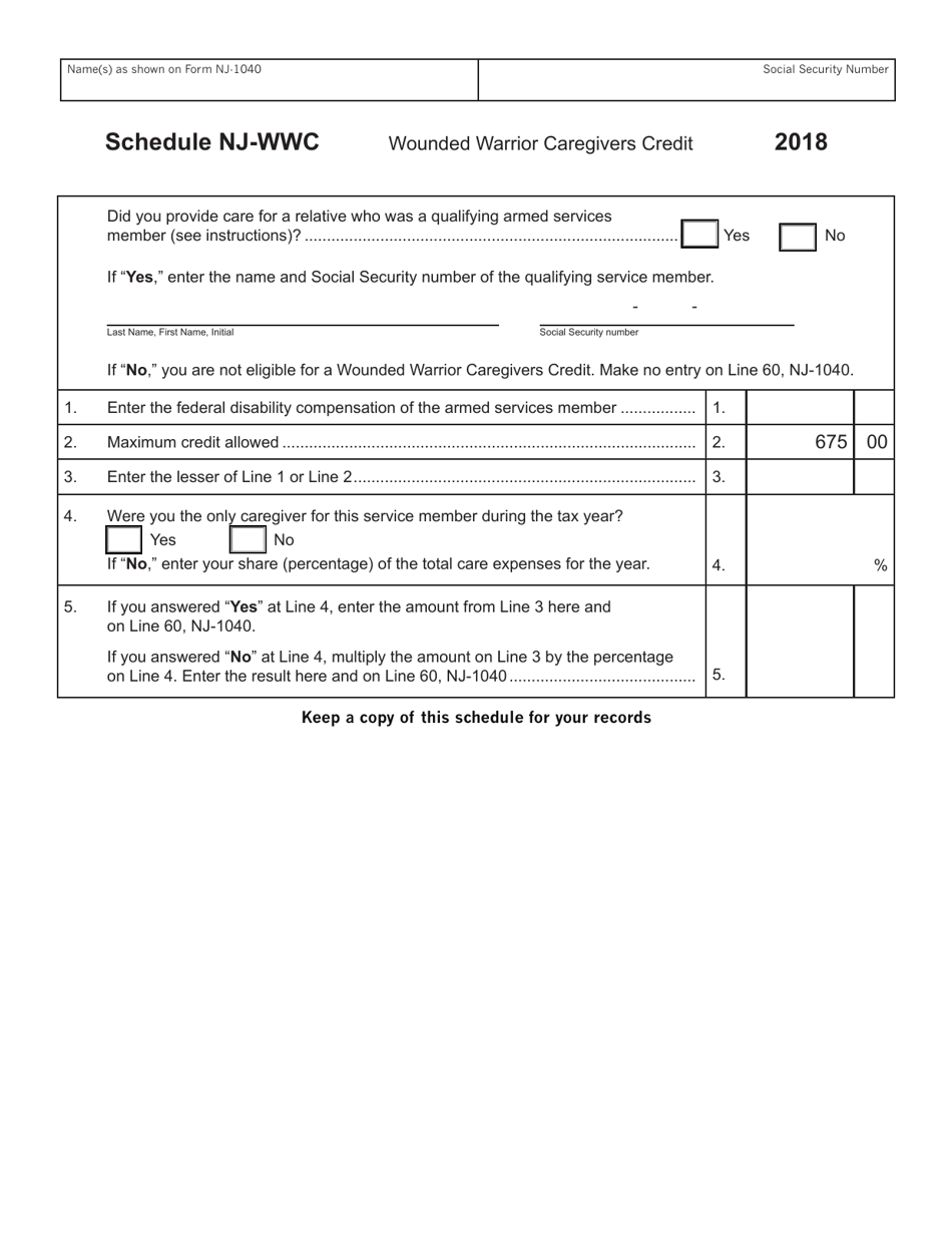 Form NJ-1040 Schedule NJ-WWC Wounded Warrior Caregivers Credit - New Jersey, Page 1