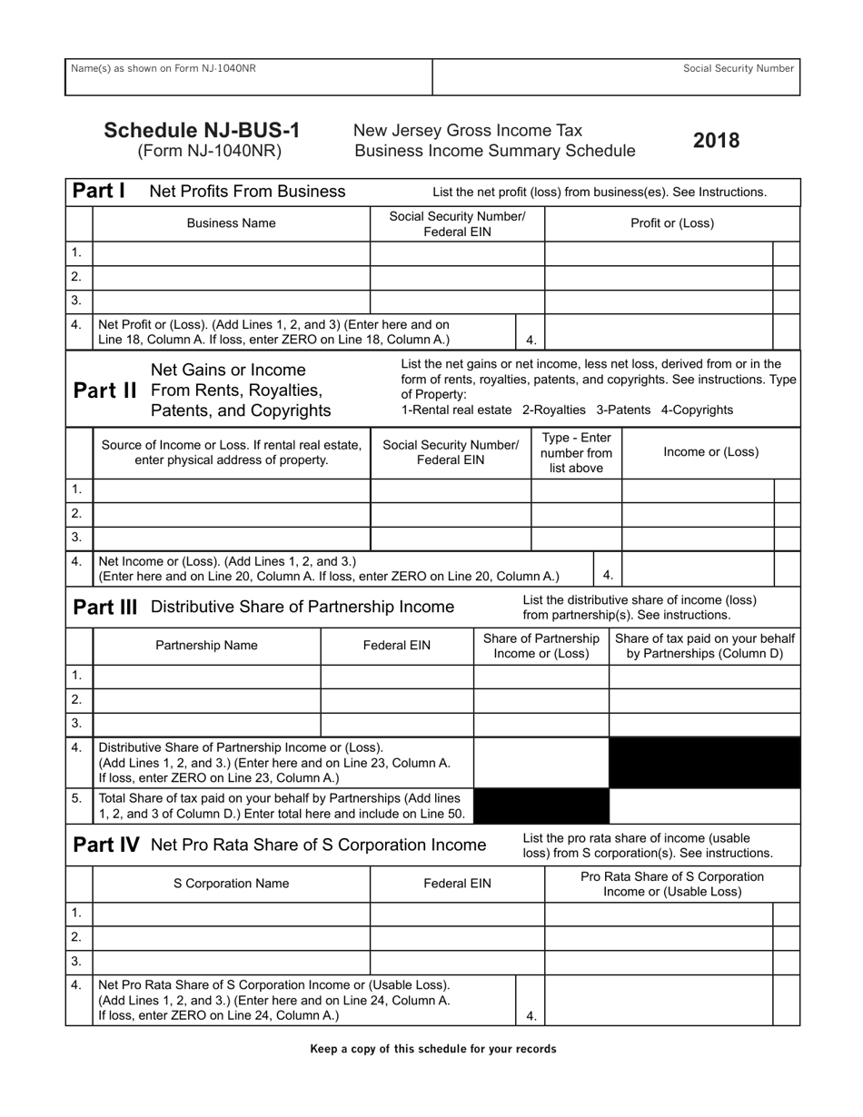 Form NJ-1040NR Schedule NJ-BUS-1 Business Income Summary Schedule - Gross Income Tax - New Jersey, Page 1