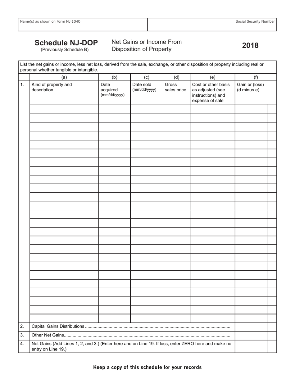 Form NJ-1040 Schedule NJ-DOP Net Gains or Income From Disposition of Property - New Jersey, Page 1
