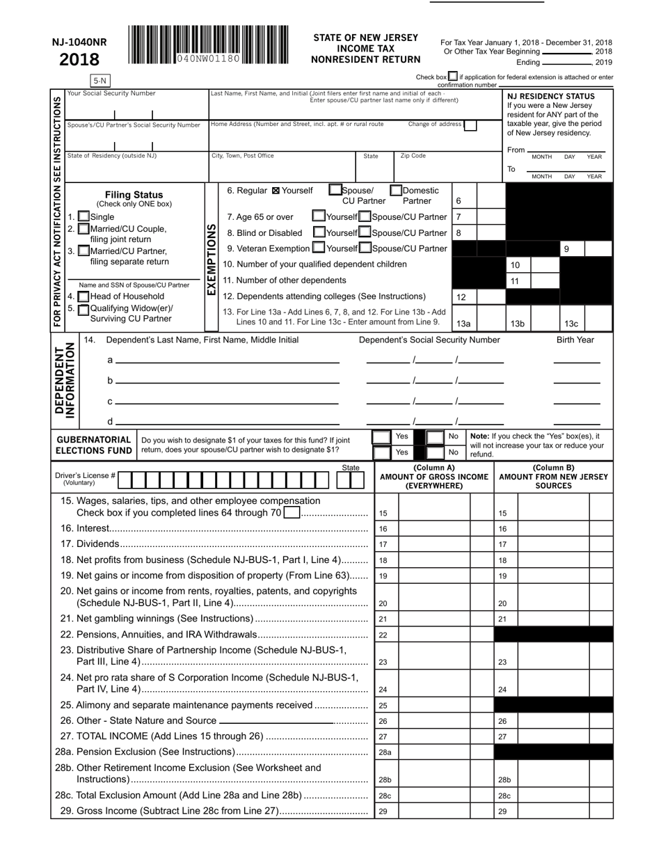 Form NJ-1040NR Income Tax Nonresident Return - New Jersey, Page 1
