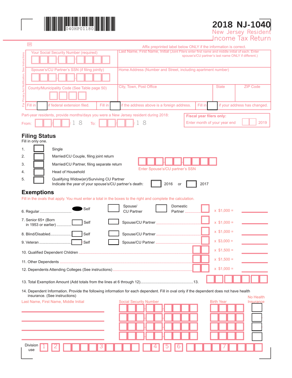 Form NJ-1040 Resident Income Tax Return - New Jersey, Page 1