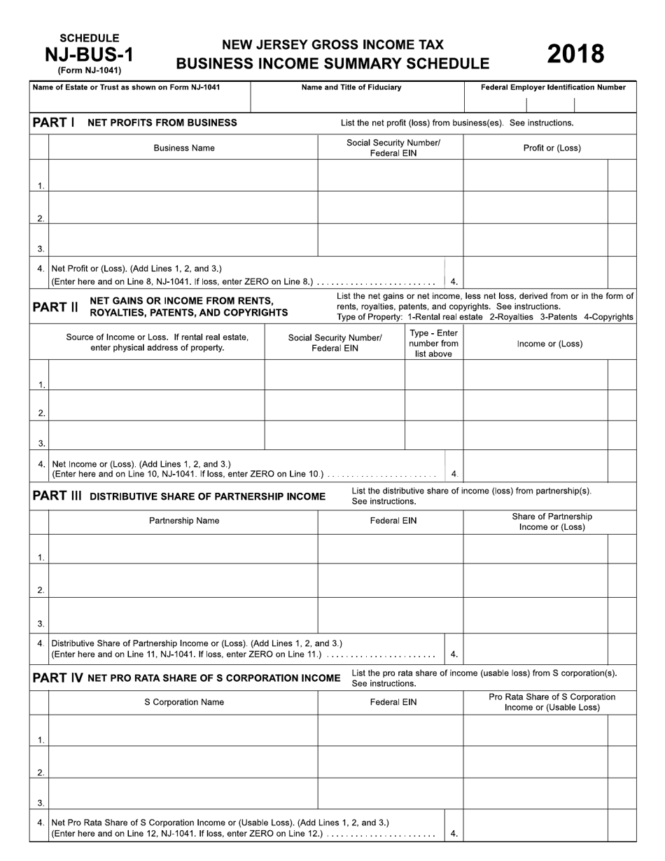 Form NJ-1041 Schedule NJ-BUS-1 Download Fillable PDF or Fill Online