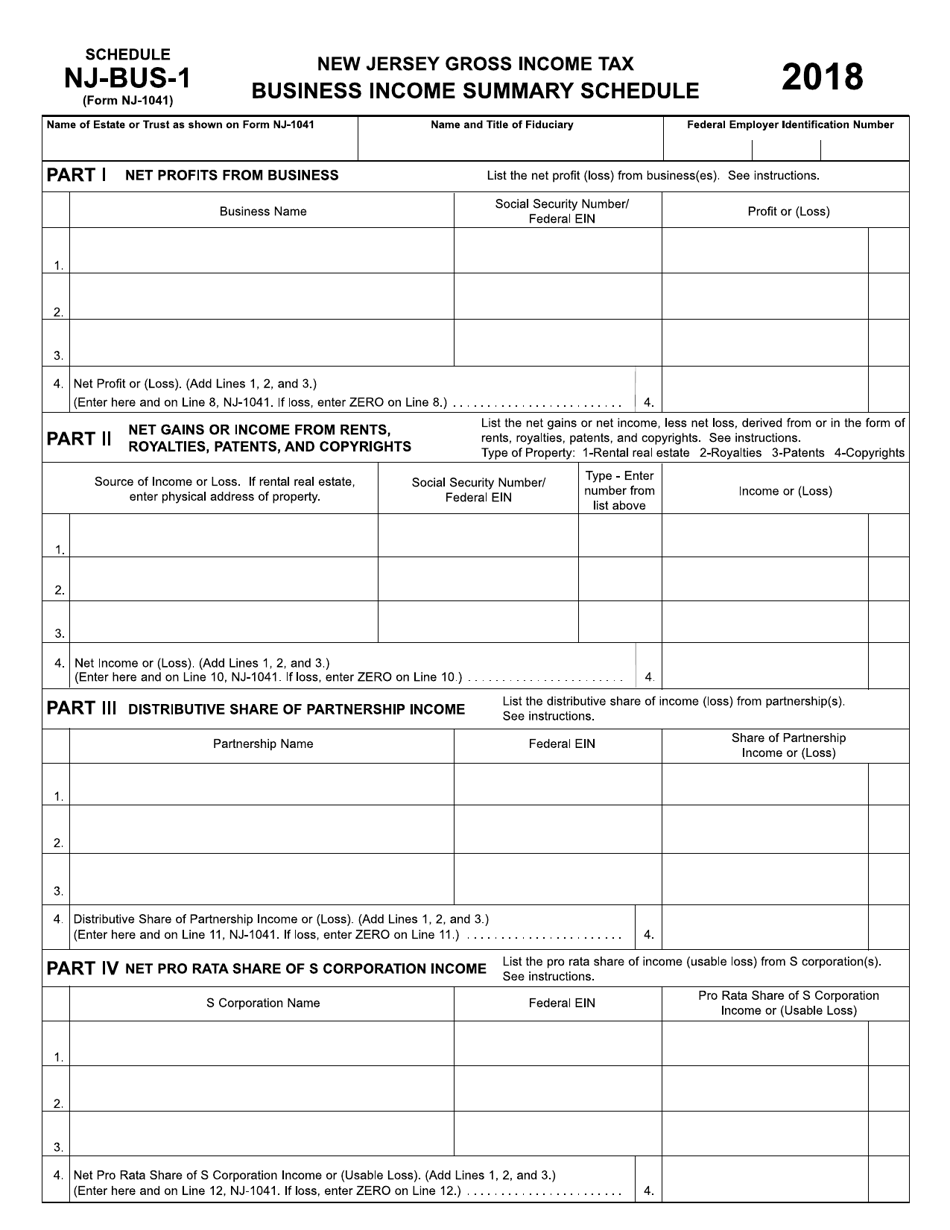 Form NJ-1041 Schedule NJ-BUS-1 Business Income Summary Schedule - Gross Income Tax - New Jersey, Page 1