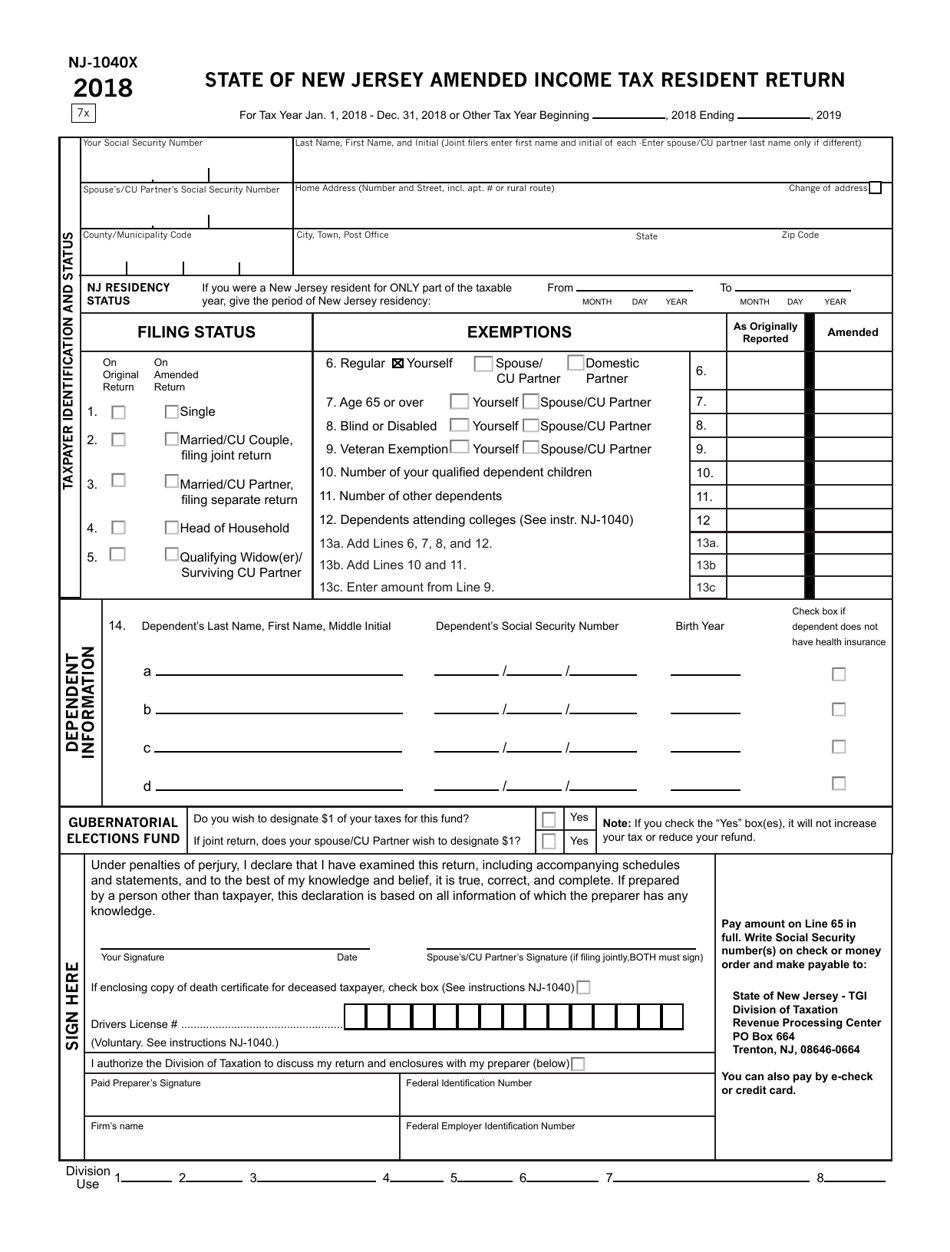 Form NJ-1040X Amended Income Tax Resident Return - New Jersey, Page 1