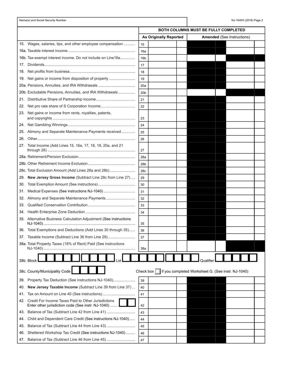 Form NJ1040X Download Fillable PDF or Fill Online Amended Tax