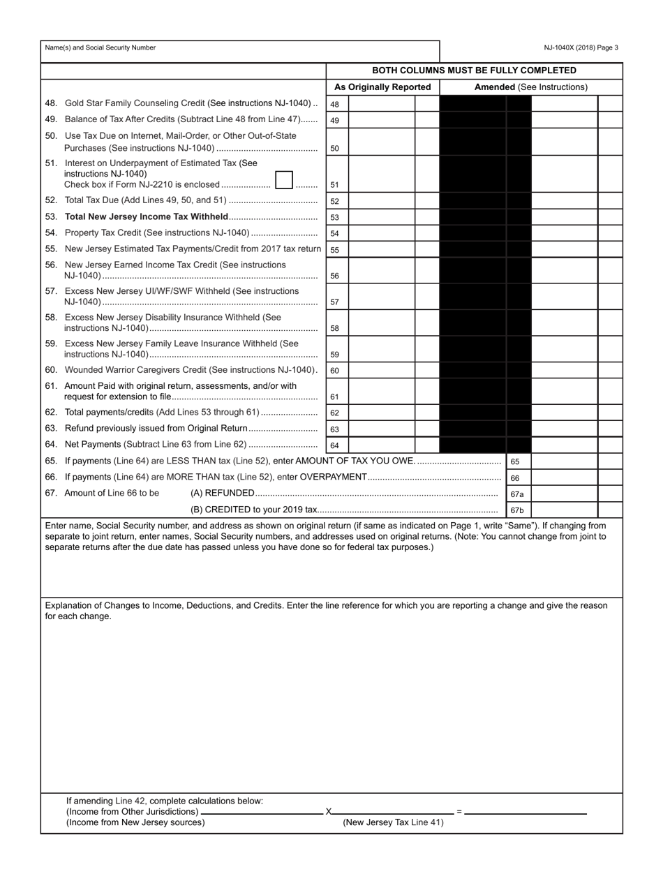 Form Nj 1040x 2018 Fill Out Sign Online And Download Fillable Pdf New Jersey Templateroller 9398