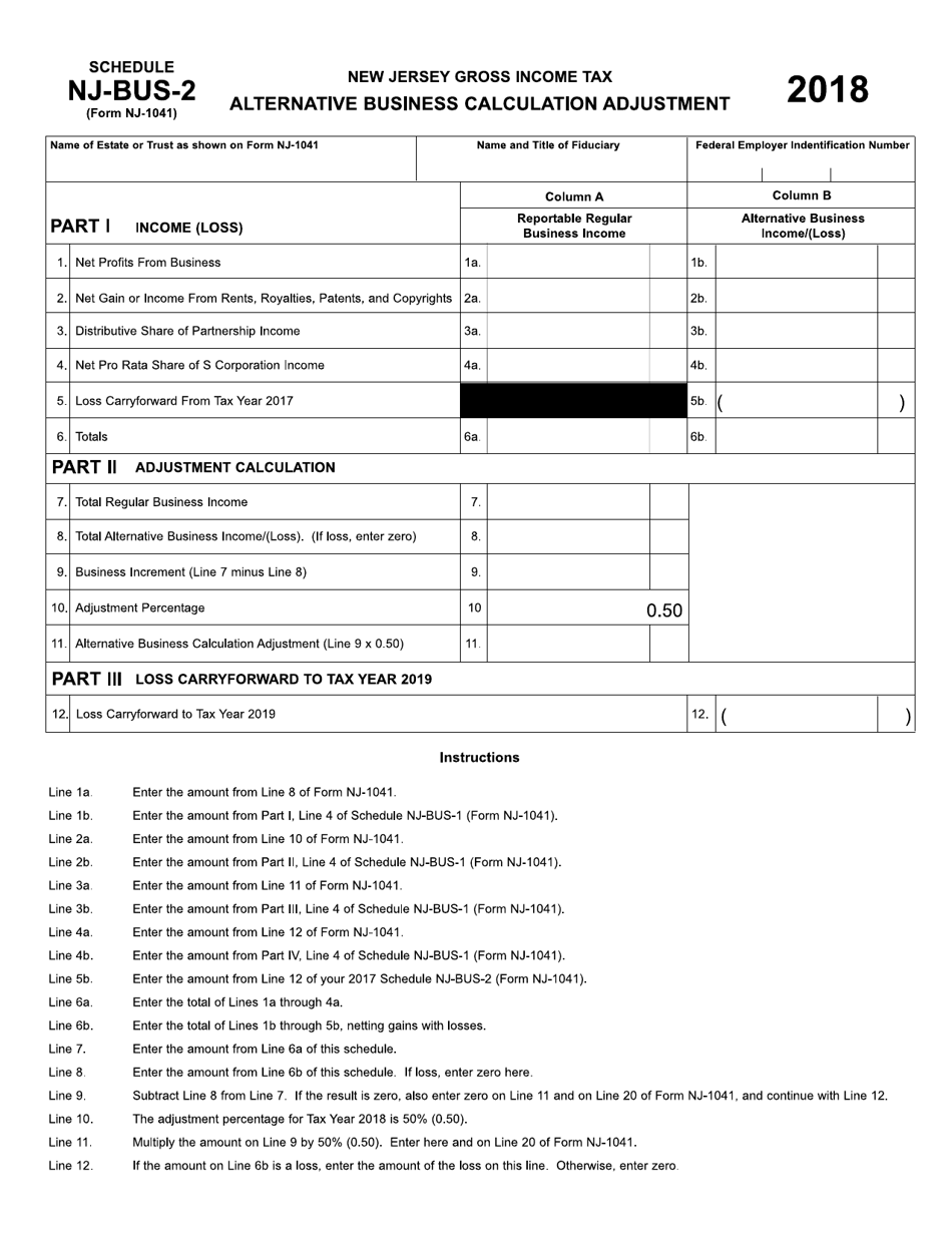 Form NJ-1041 Schedule NJ-BUS-2 Alternative Business Calculation Adjustment - Gross Income Tax - New Jersey, Page 1