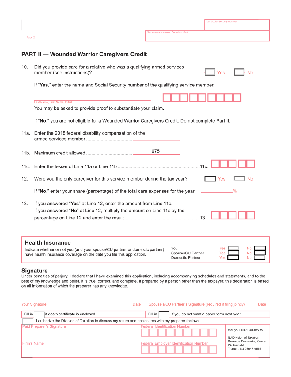 Form NJ-1040-HW Property Tax Credit Application Wounded Warrior Caregivers Credit Application - New Jersey, Page 2
