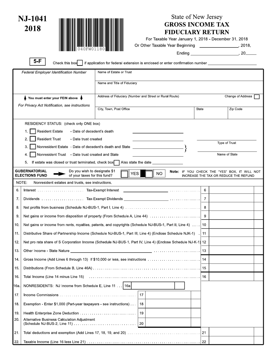 Form NJ-1041 Fiduciary Return - New Jersey, Page 1