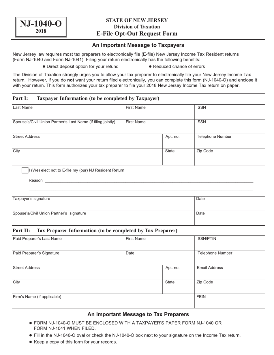 Form NJ-1040-O E-File Opt-Out Request Form - New Jersey, Page 1