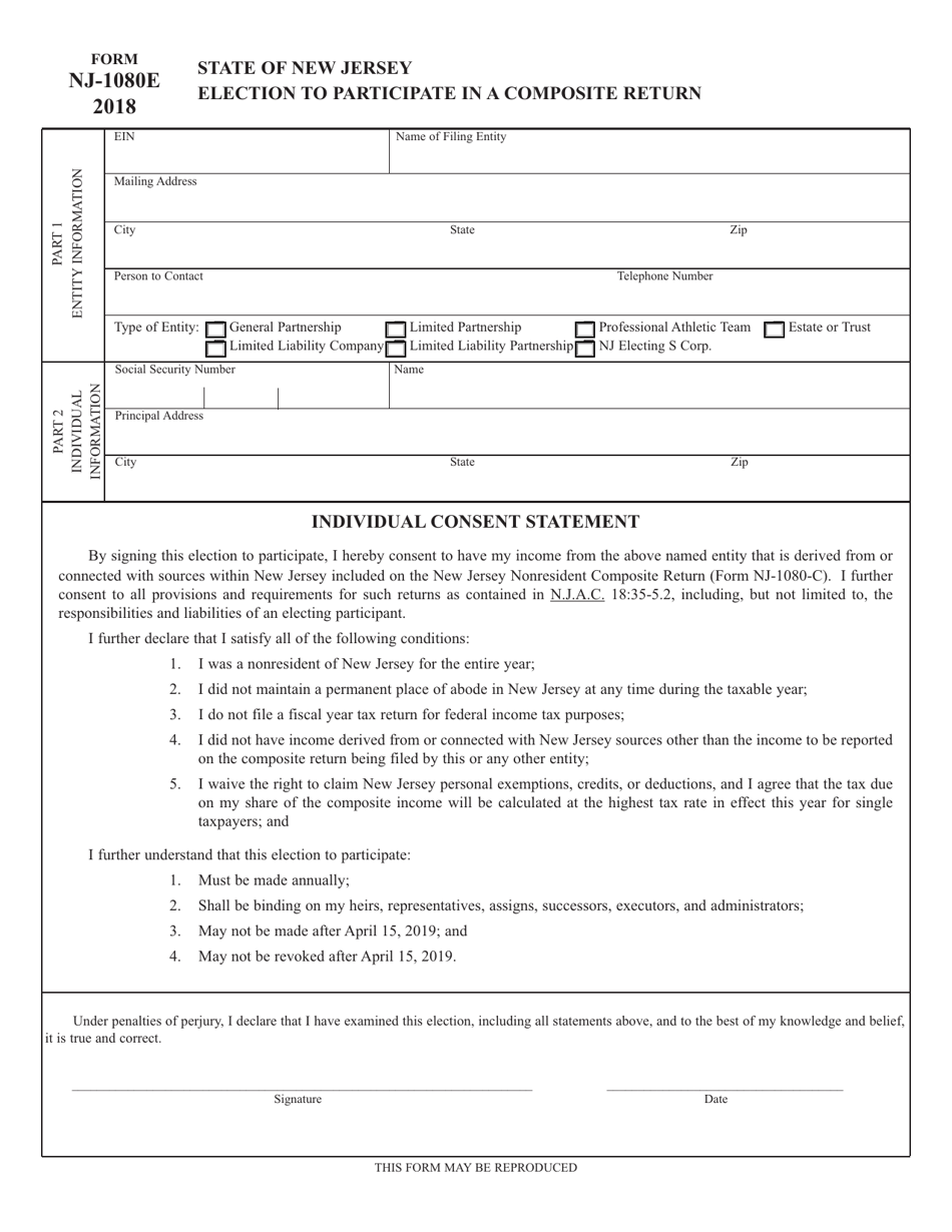 Form NJ-1080E Election to Participate in a Composite Return - New Jersey, Page 1