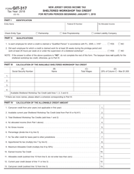 Form GIT-317 Sheltered Workshop Tax Credit - New Jersey