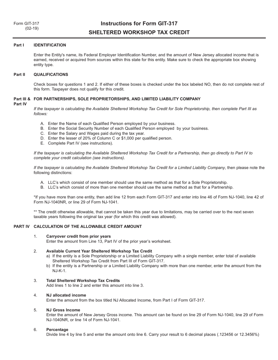Form GIT-317 Sheltered Workshop Tax Credit - New Jersey, Page 3
