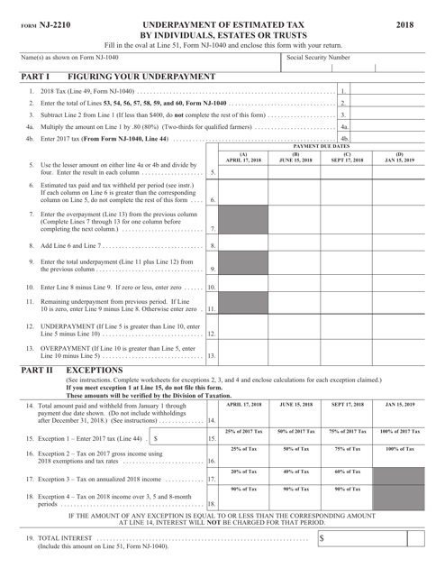 Form NJ 2210 Download Fillable PDF Or Fill Online Underpayment Of 