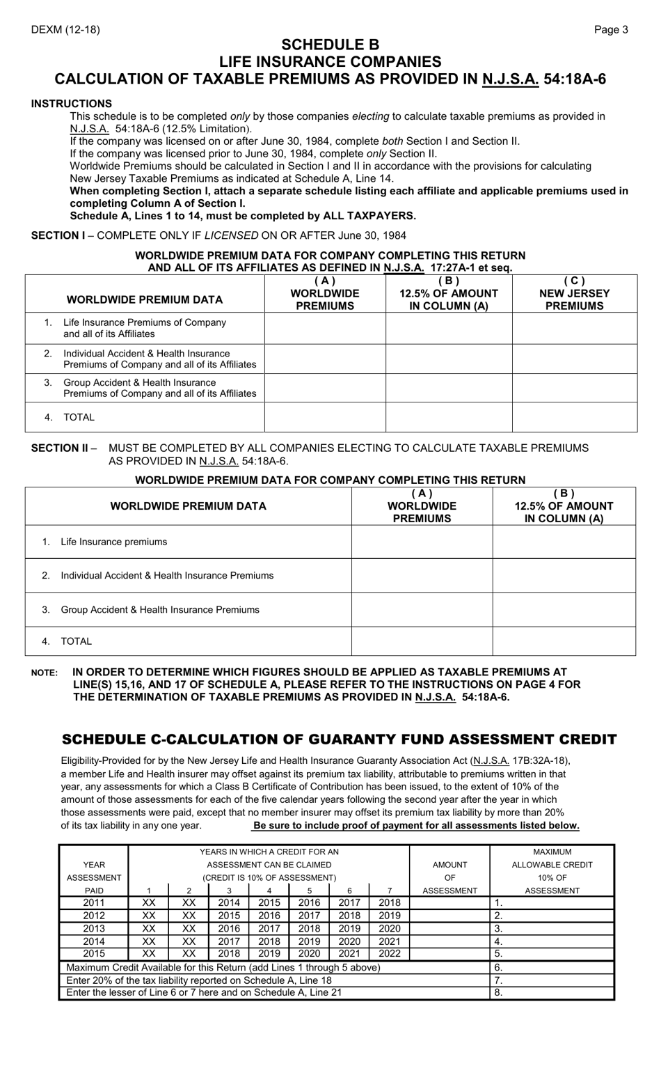 Form DEXM Domestic Companies Insurance Premium Tax Return - New Jersey, Page 3