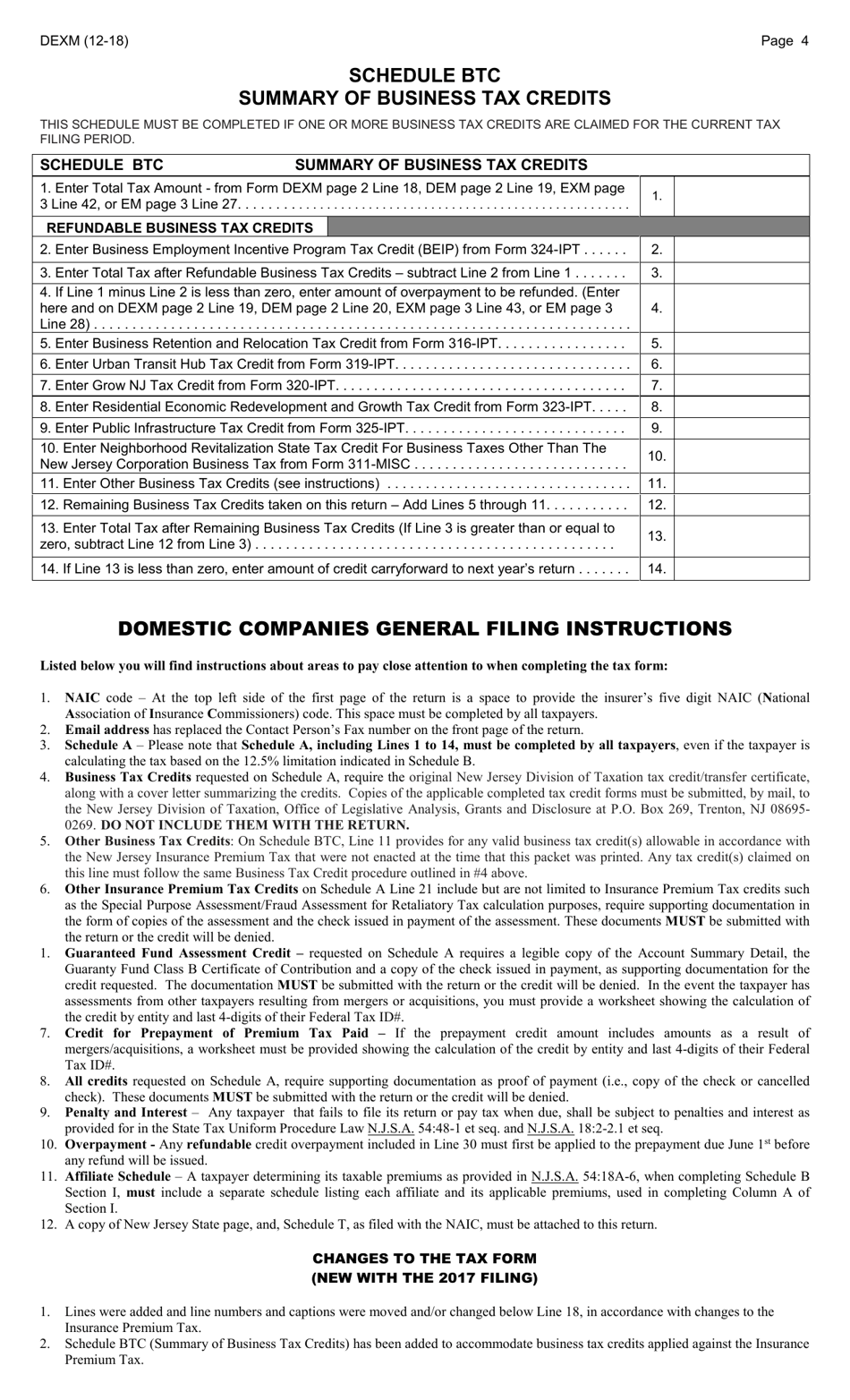 Form DEXM Domestic Companies Insurance Premium Tax Return - New Jersey, Page 4