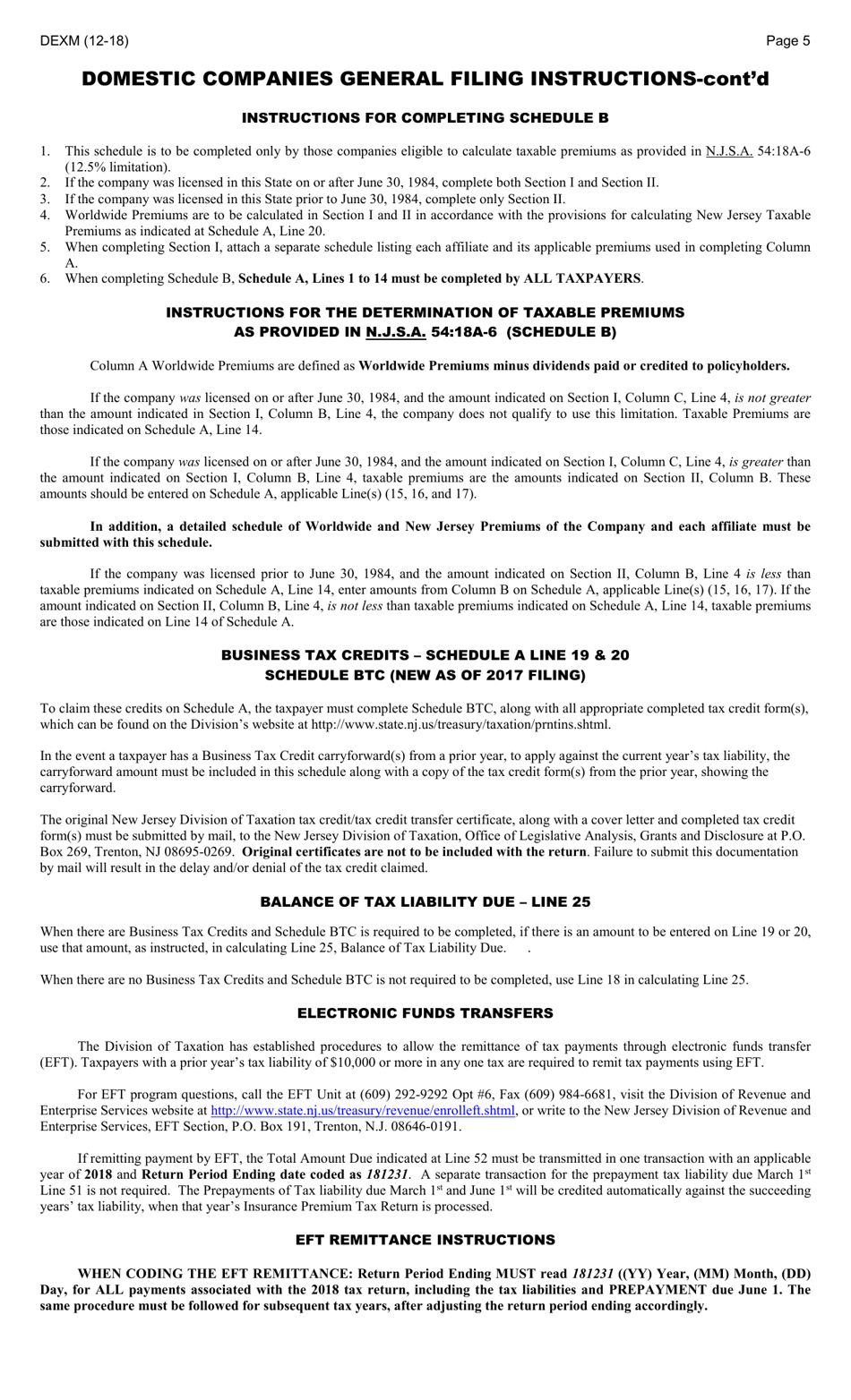 Form DEXM Domestic Companies Insurance Premium Tax Return - New Jersey, Page 5