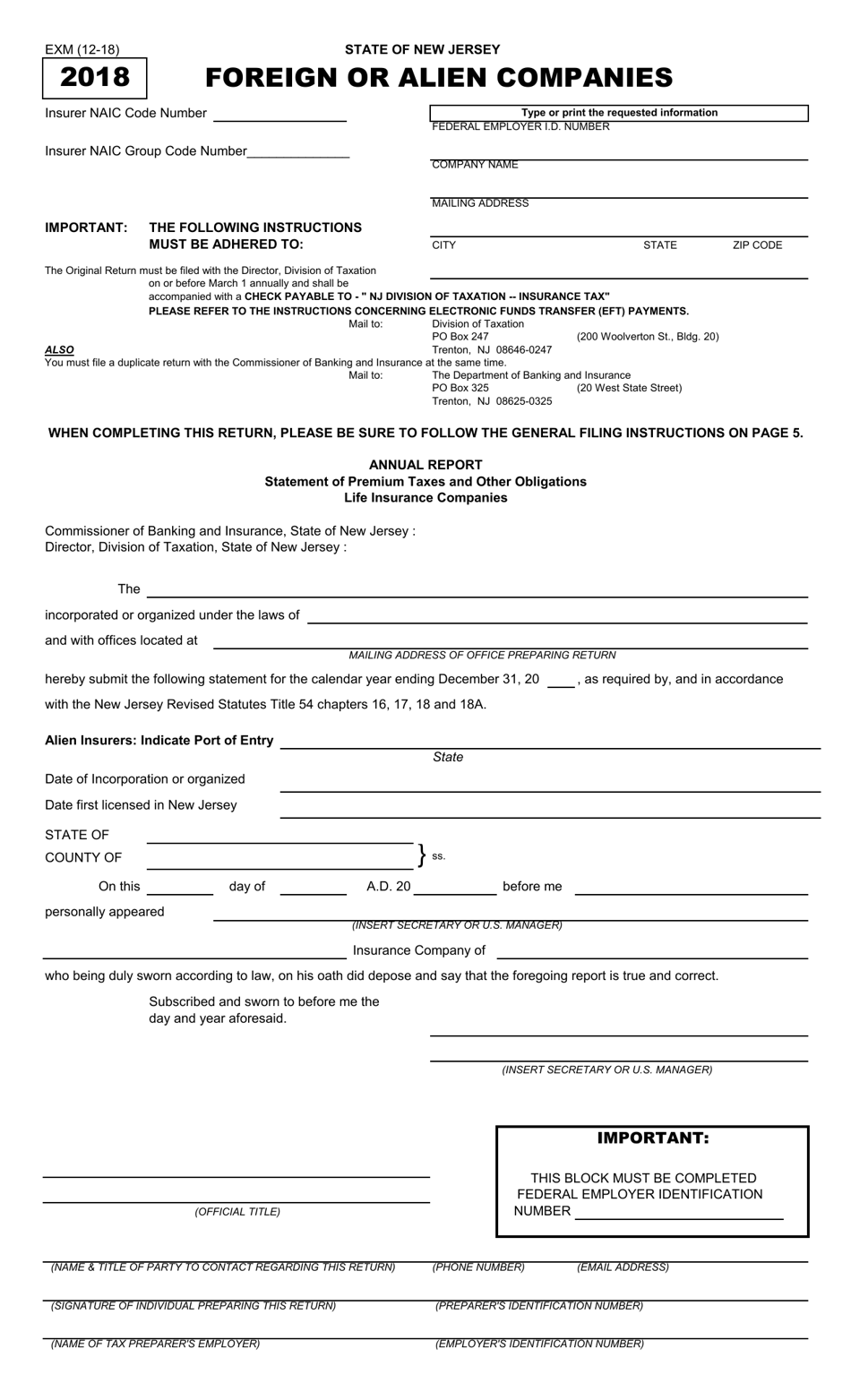 Form EXM Foreign or Alien Companies Insurance Premium Tax Return - New Jersey, Page 1