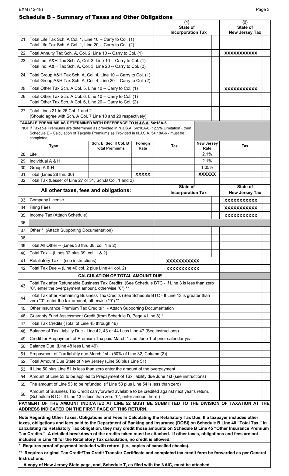 Form EXM Foreign or Alien Companies Insurance Premium Tax Return - New Jersey, Page 3