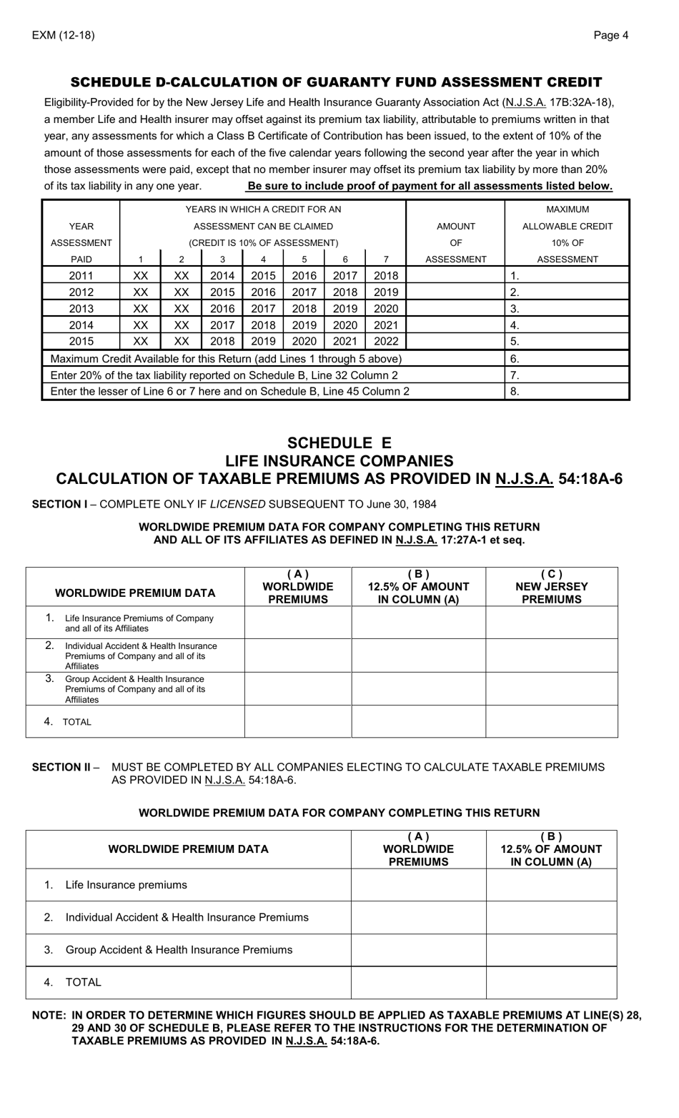 Form EXM Foreign or Alien Companies Insurance Premium Tax Return - New Jersey, Page 4