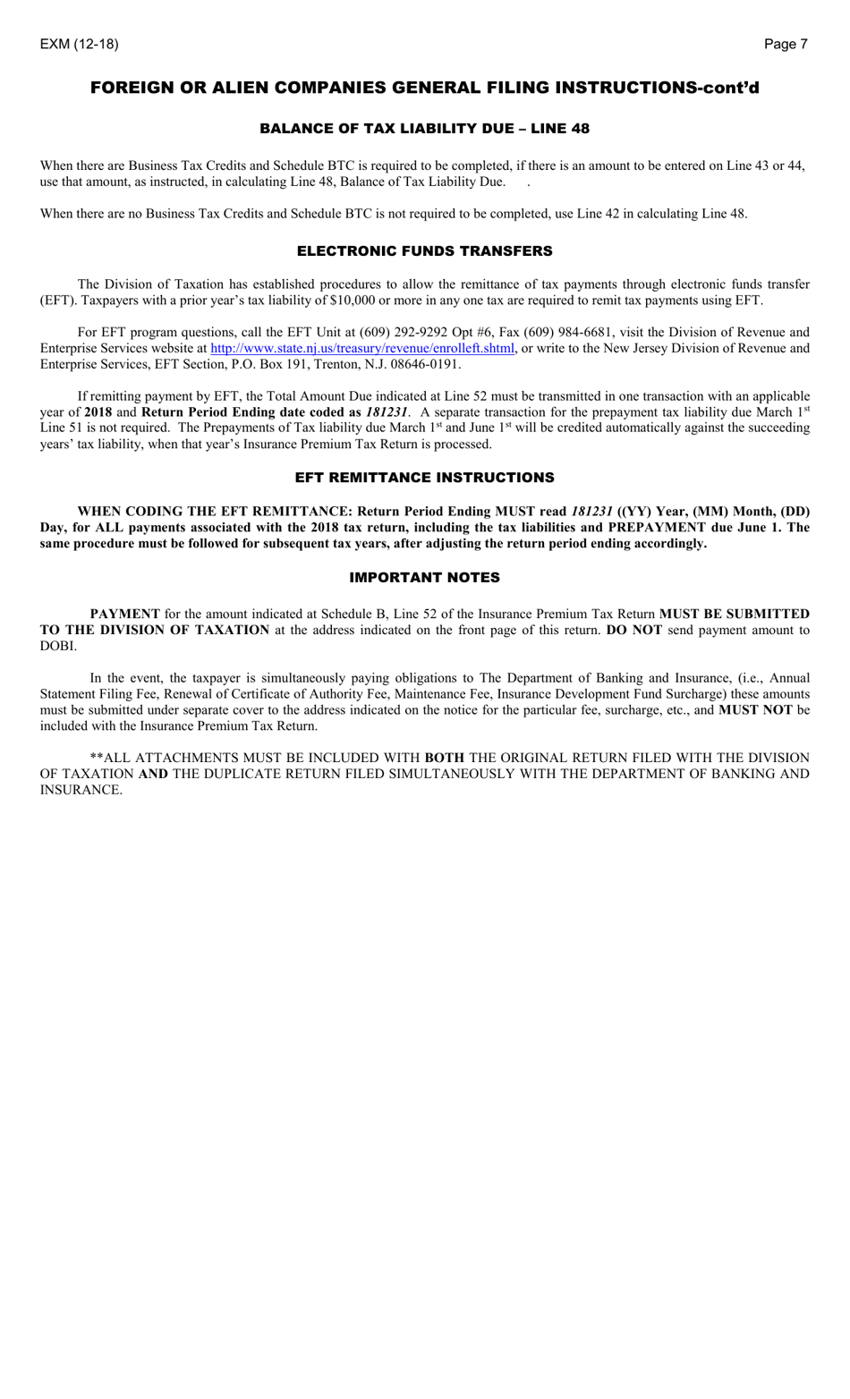 Form EXM Foreign or Alien Companies Insurance Premium Tax Return - New Jersey, Page 7