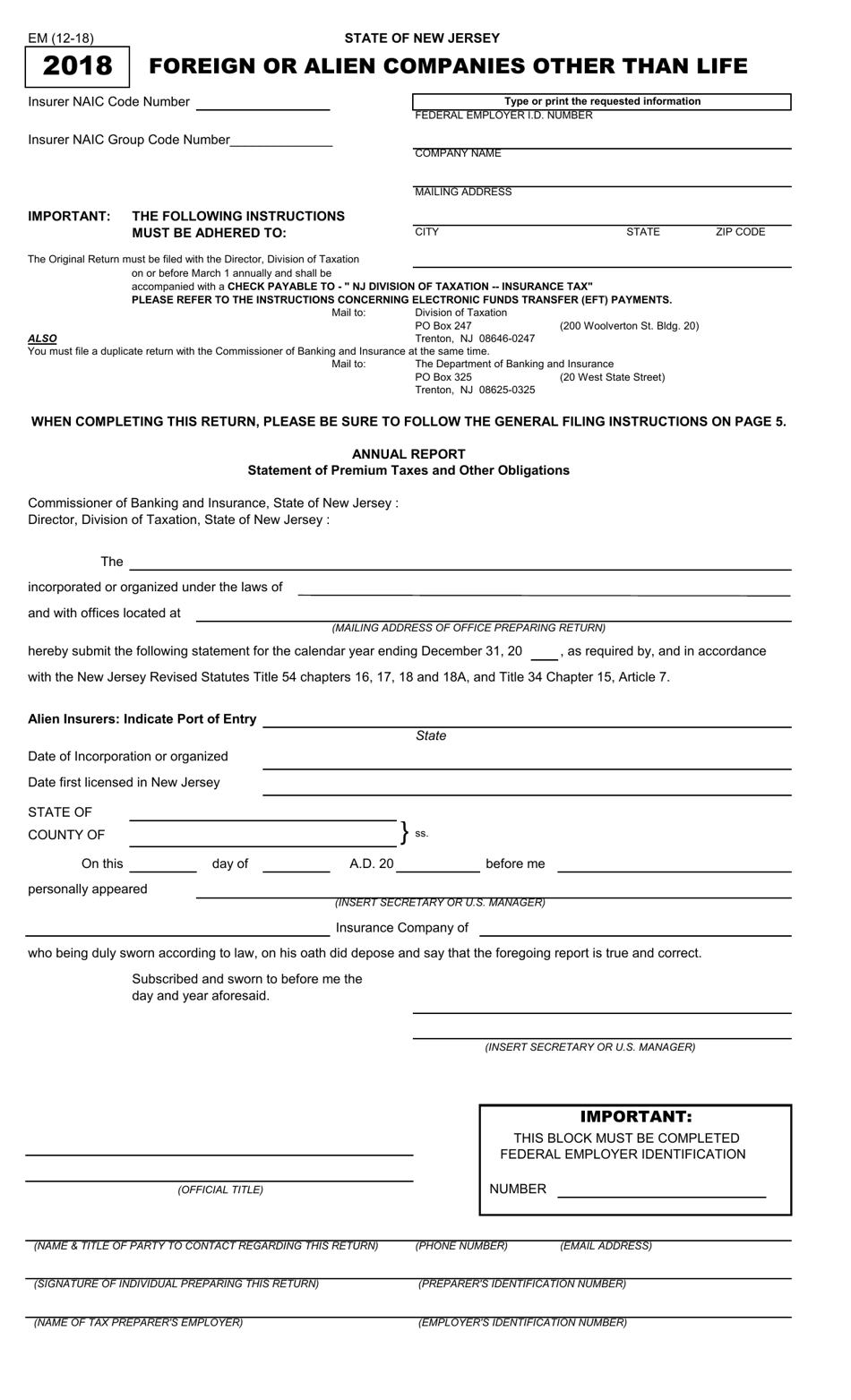 Form EM Foreign or Alien Companies Other Than Life Insurance Premium Tax Return - New Jersey, Page 1