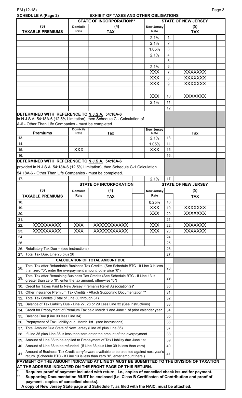 Form EM Foreign or Alien Companies Other Than Life Insurance Premium Tax Return - New Jersey, Page 3