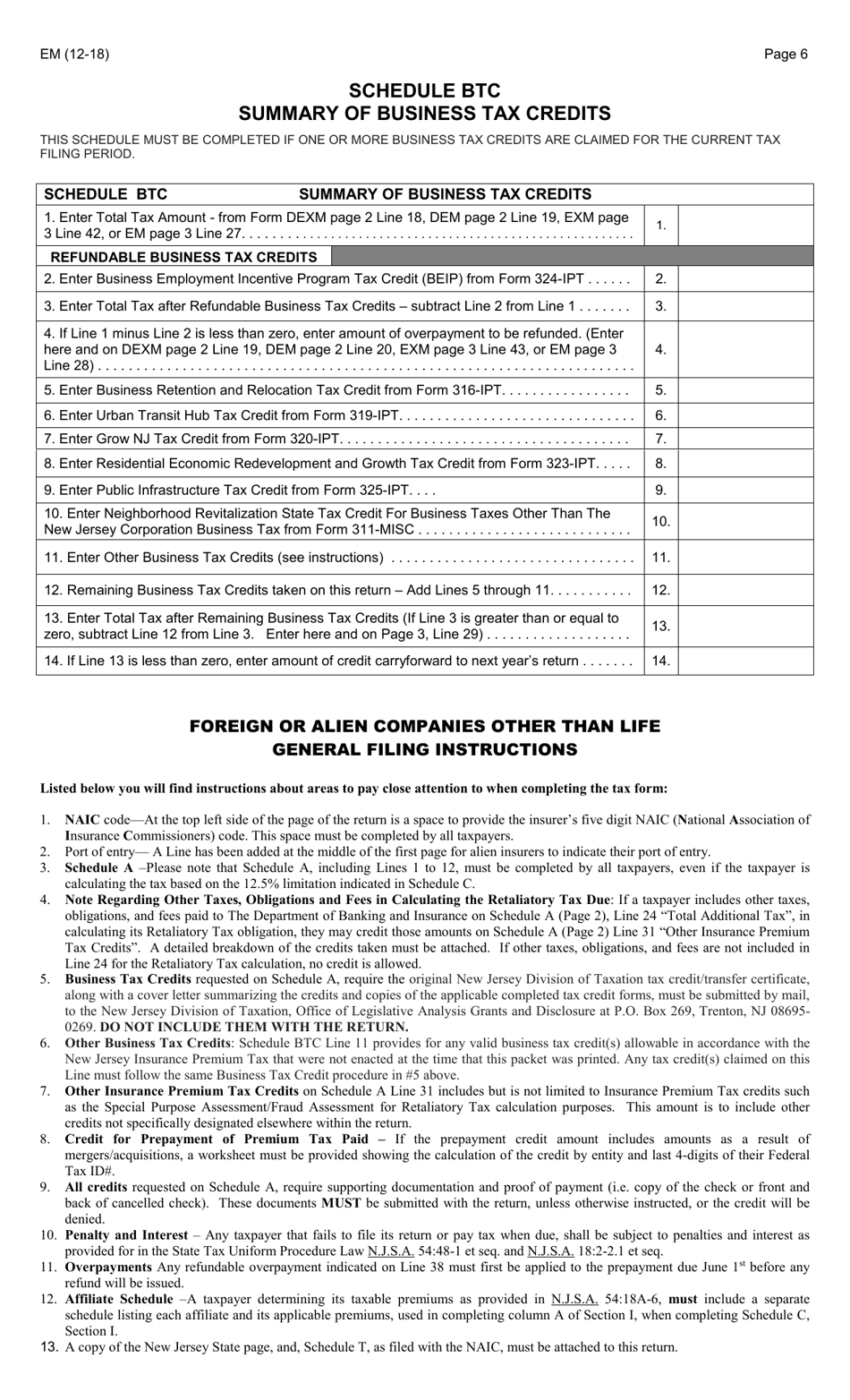Form EM Foreign or Alien Companies Other Than Life Insurance Premium Tax Return - New Jersey, Page 6