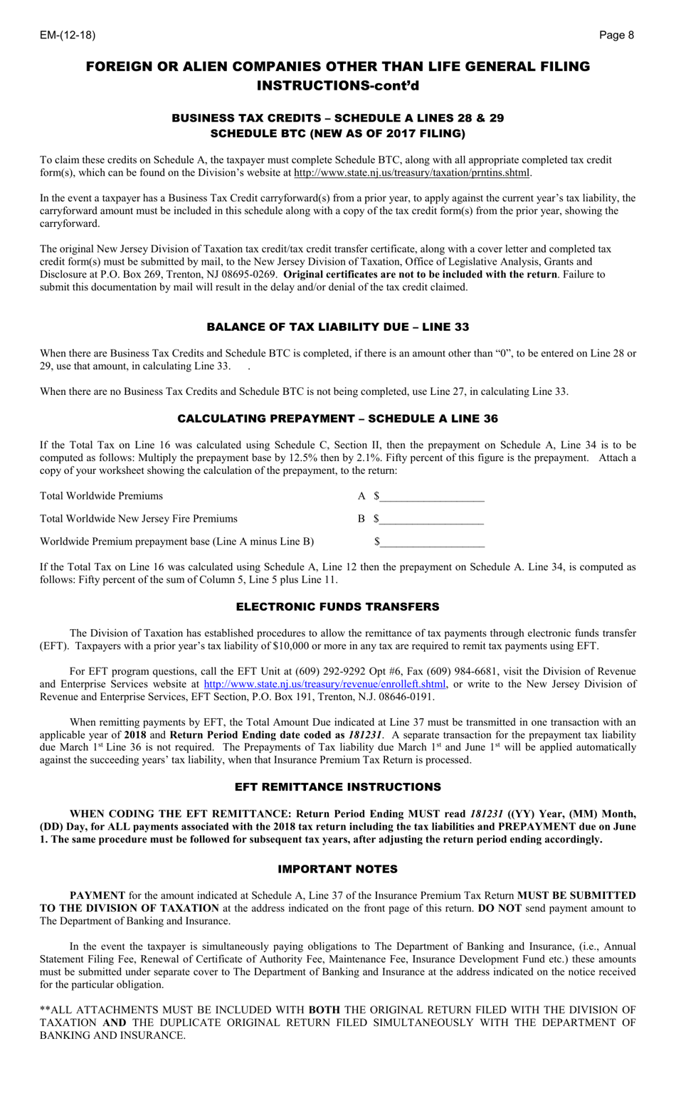 Form EM Foreign or Alien Companies Other Than Life Insurance Premium Tax Return - New Jersey, Page 8