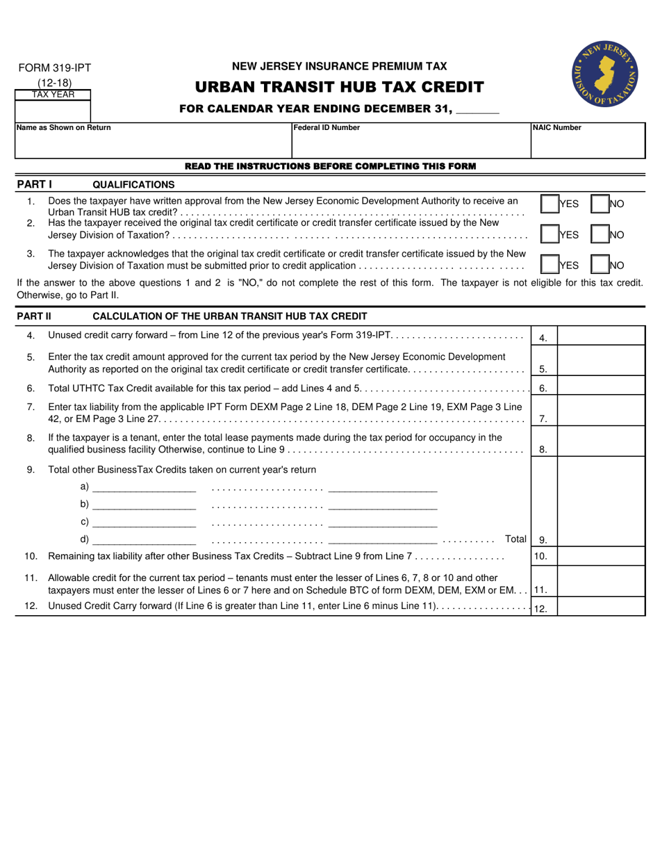 Form 319-IPT Urban Transit Hub Tax Credit - New Jersey, Page 1