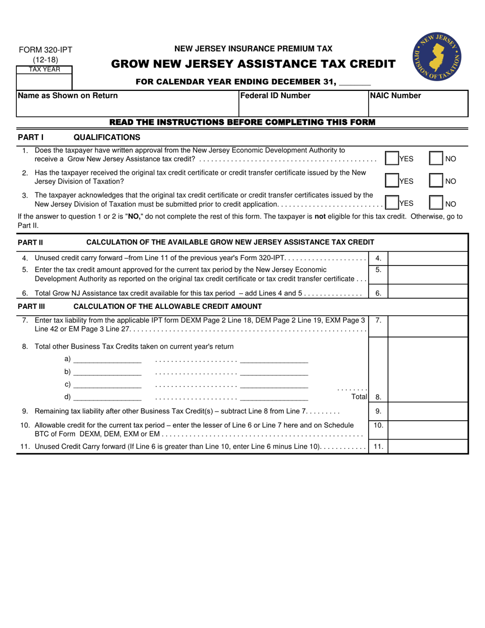 Form 320-IPT Grow New Jersey Assistance Tax Credit - Insurance Premium Tax - New Jersey, Page 1