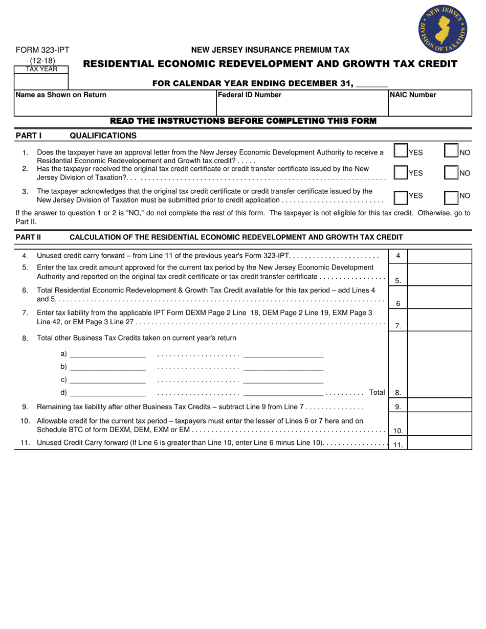 Form 323-IPT Residential Economic Redevelopment and Growth Tax Credit - Insurance Premium Tax - New Jersey, Page 1