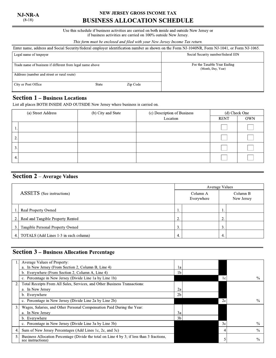 Form NJ-NR-A Business Allocation Schedule - Gross Income Tax - New Jersey, Page 1