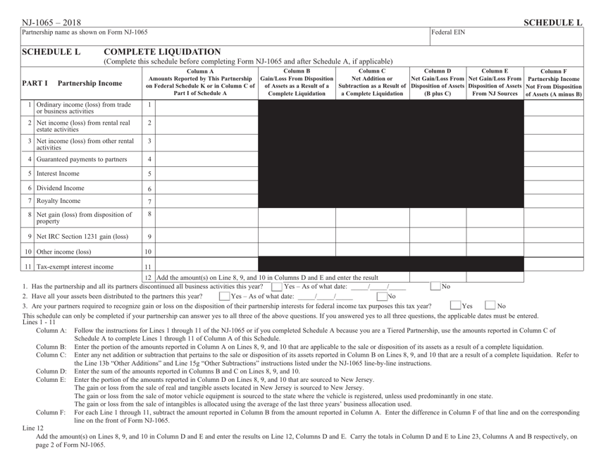 Form NJ-1065 Schedule L 2018 Printable Pdf